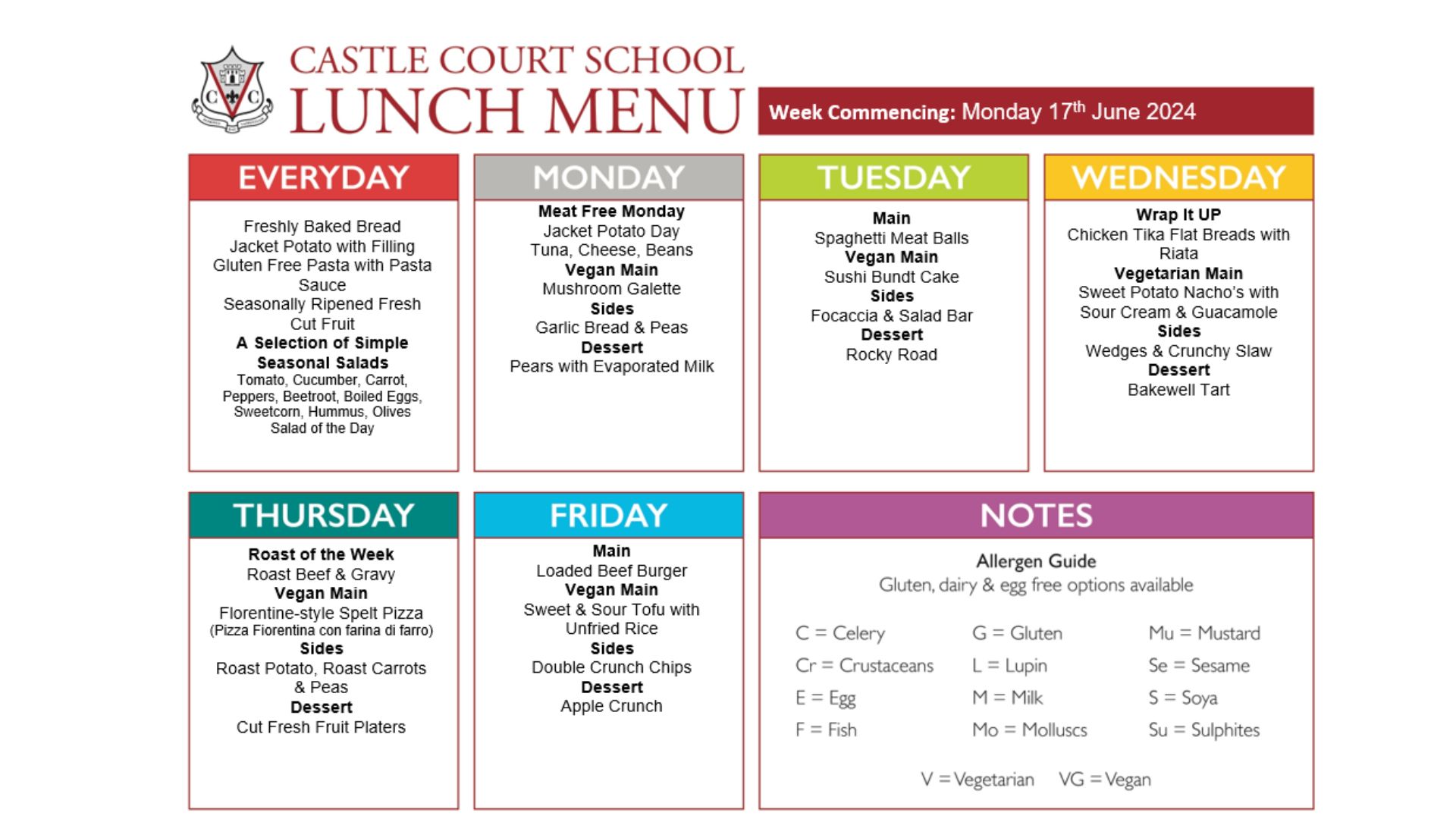 Lunch Menu Castle Court School
